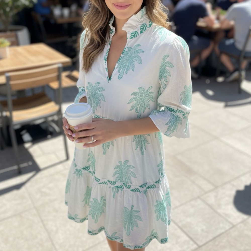 White and Green Palm Print Swim Cover-Up Summer dress